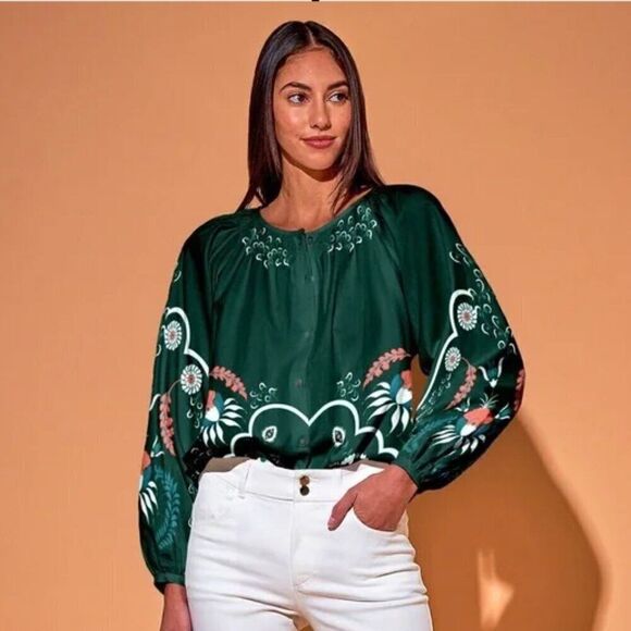 Tucker Classic Blouse Emerald Dutch Blossoms in Silk Cotton - Picture 1 of 1